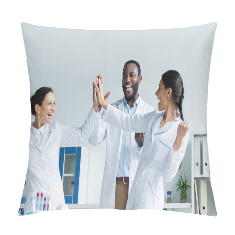 Personality  Cheerful Multiethnic Scientists Giving High Five Near Medical Equipment In Lab  Pillow Covers