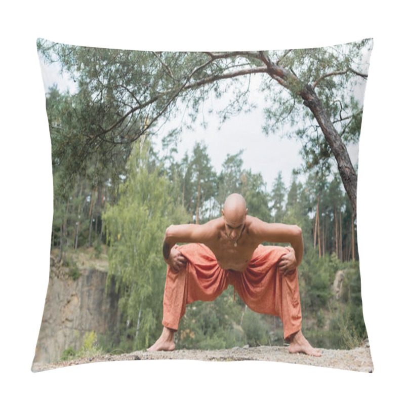 Personality  Shirtless Buddhist In Harem Pants Practicing Goddess Pose In Forest Pillow Covers