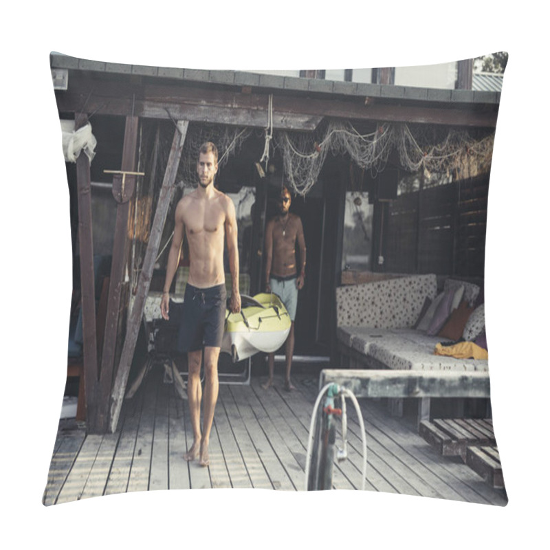 Personality  Two Handsome Caucasian Men Carrying A Canoe. Pillow Covers