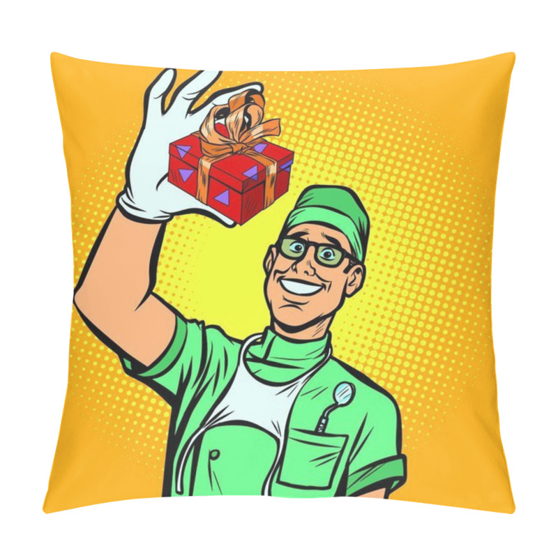 Personality  Dentist With A Gift. New Tooth Implant. Comic Cartoon Pop Art Retro Vector Illustration Drawing Pillow Covers