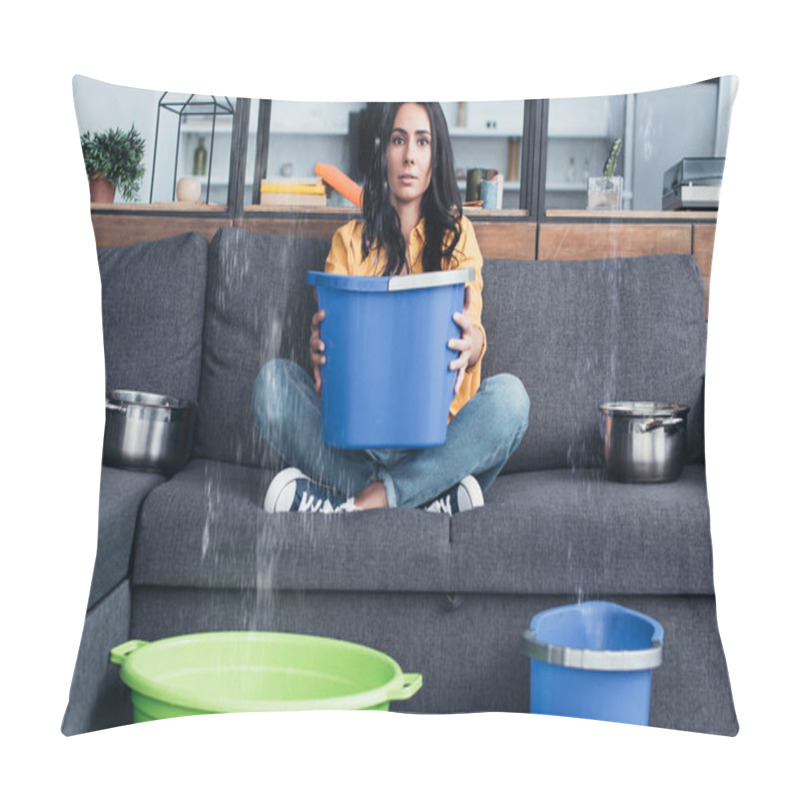 Personality  Brunette Woman Holding Bucket On Sofa During Water Damage In Living Room Pillow Covers