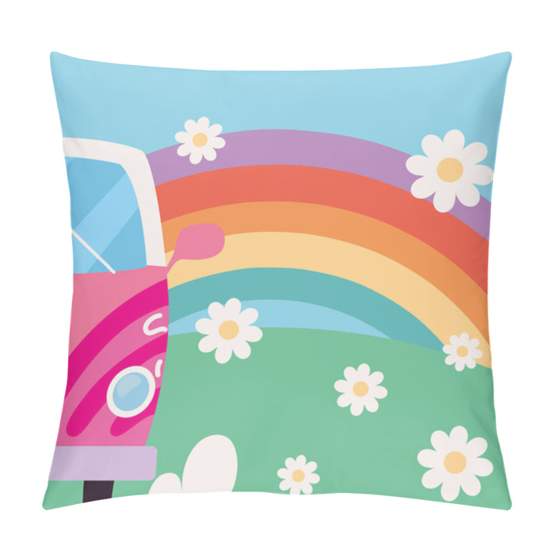 Personality  Hippie Retro Car Rainbow And Flowers Pillow Covers