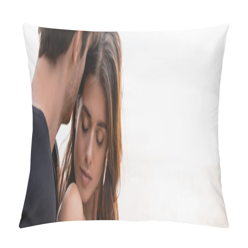 Personality  Panoramic Shot Of Man Standing Near Brunette Girlfriend And Sea  Pillow Covers