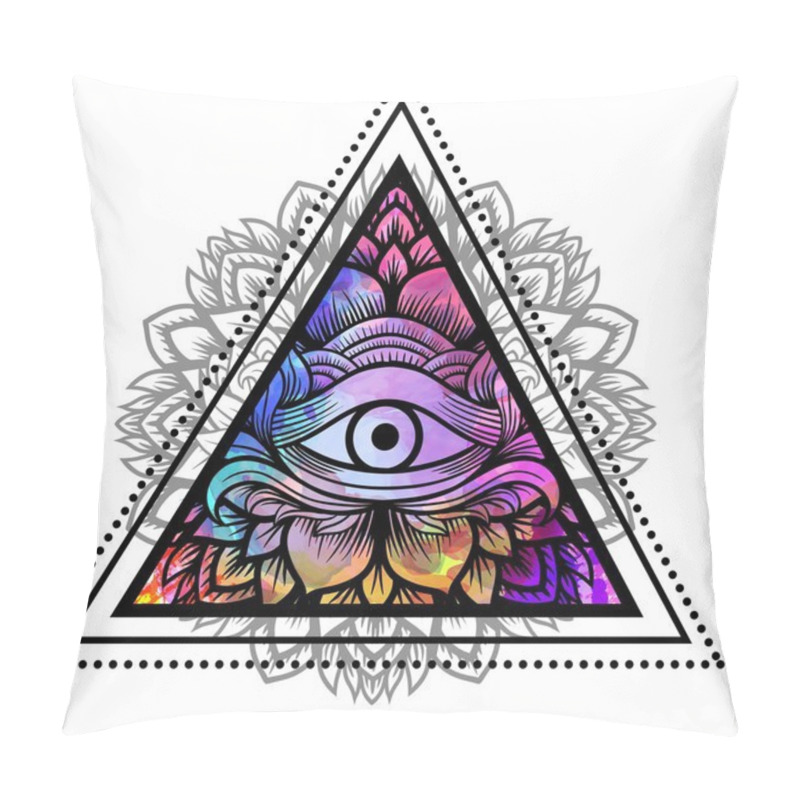 Personality  Third Eye With Floral Mandala Inside The Triangle. Zentangle Hand Drawing Boho Style. For Adult Coloring Book And Meditation Relax. Watercolor, Chalk, Pastels, Pencils Texture. T-shirt Design. Vector Pillow Covers