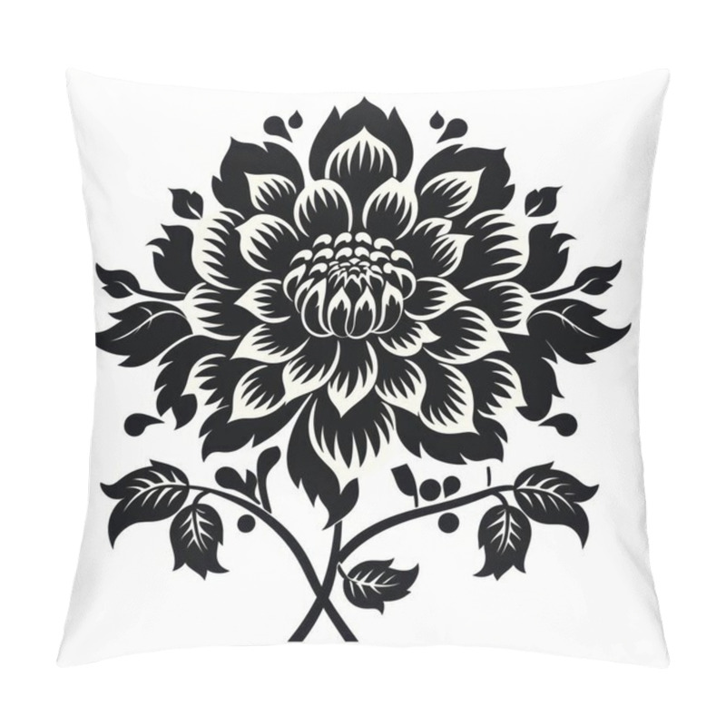 Personality  A Stunning Black And White Floral Design Featuring An Intricately Detailed Blooming Flower With Bold Leaves. Pillow Covers