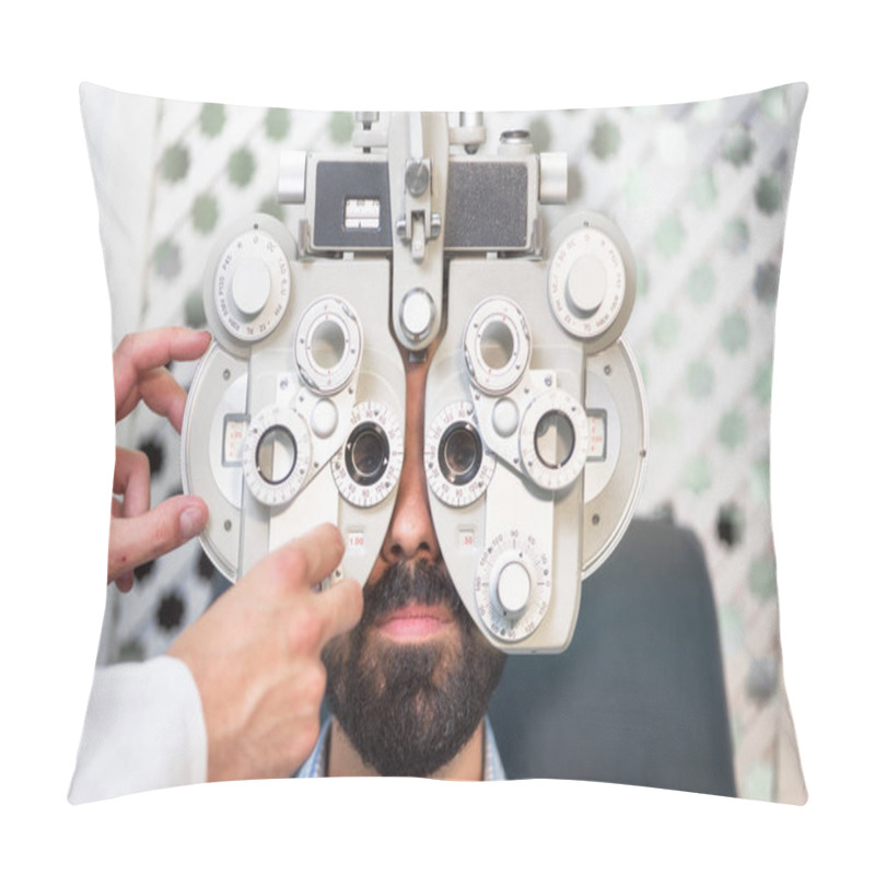 Personality  Optometrist Doing Sight Testing For Male Patient In Clinic. Male Ophthalmologist Examining Patient Man With Optometrist Trial Frame.  Pillow Covers