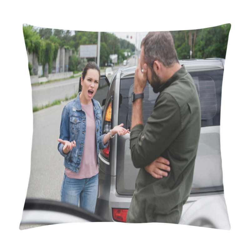 Personality  Irritated Woman Screaming On Driver On Road After Car Accident Pillow Covers