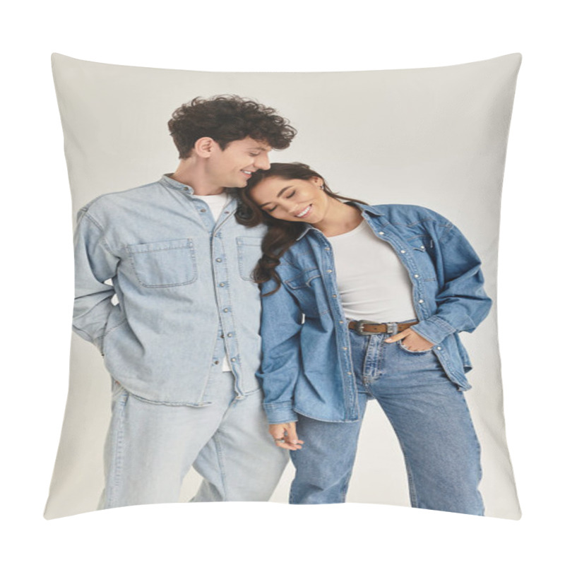 Personality  A Young Couple Is Embracing In A Playful Moment, Showcasing Trendy Denim Outfits In A Modern Space. Pillow Covers