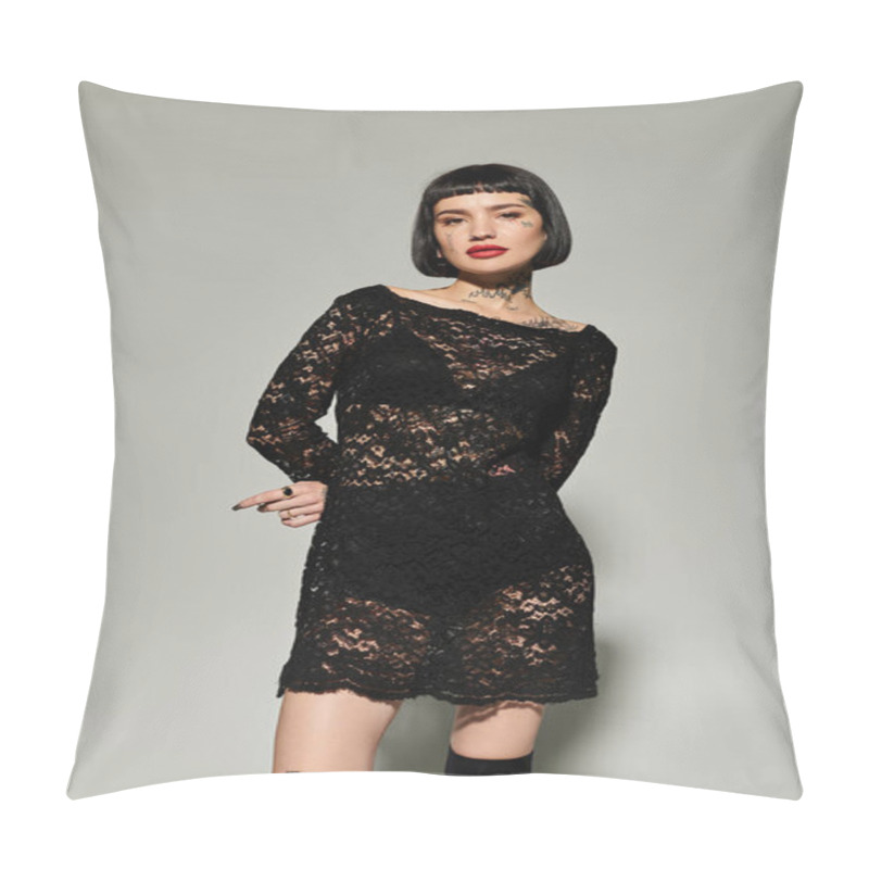 Personality  A Young Woman Showcases Her Tattoos In Fashionable Black Lace Clothing. Pillow Covers