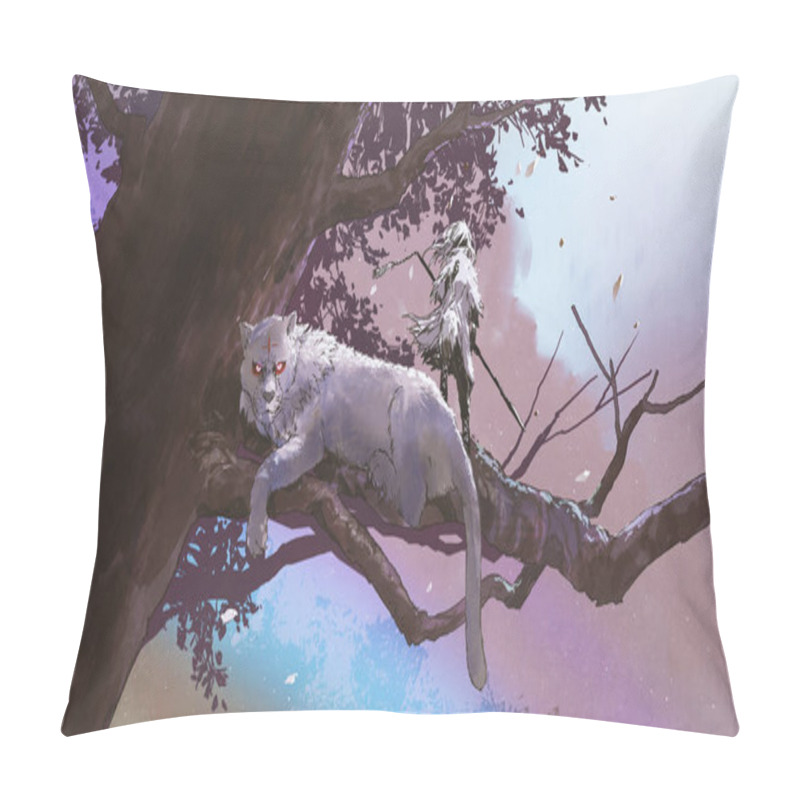 Personality  Little Girl With A Magic Spear Standing Near Her Tiger On A Big Tree, Digital Art Style, Illustration Painting Pillow Covers