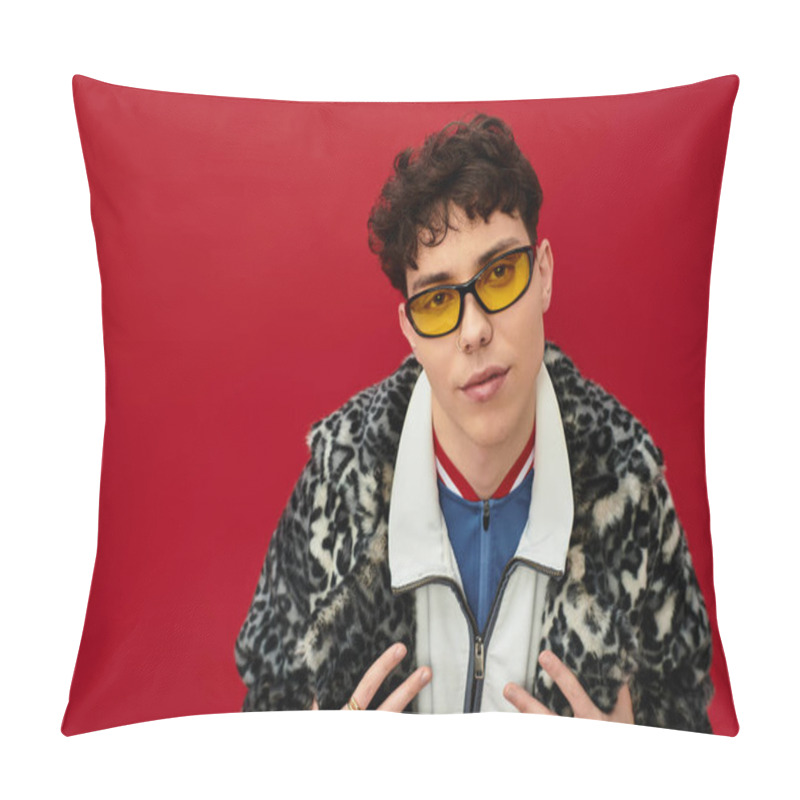 Personality  Handsome Man Showcases Unique Style With Yellow Glasses And Animal Print Coat In A Bold Setting. Pillow Covers