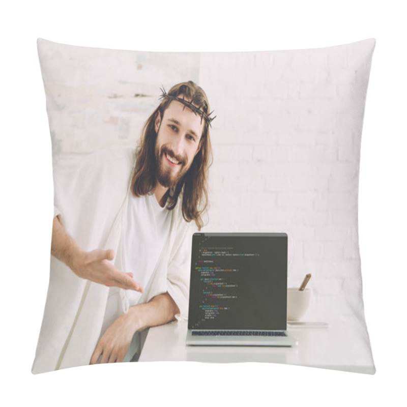 Personality  Happy Jesus Holding Cup Of Coffee And Pointing At Laptop With Html Code In Kitchen At Home Pillow Covers