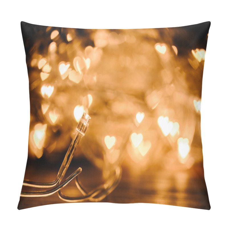 Personality  Close Up View Of Festive Garland And Hearts Bokeh Lights Backdrop Pillow Covers