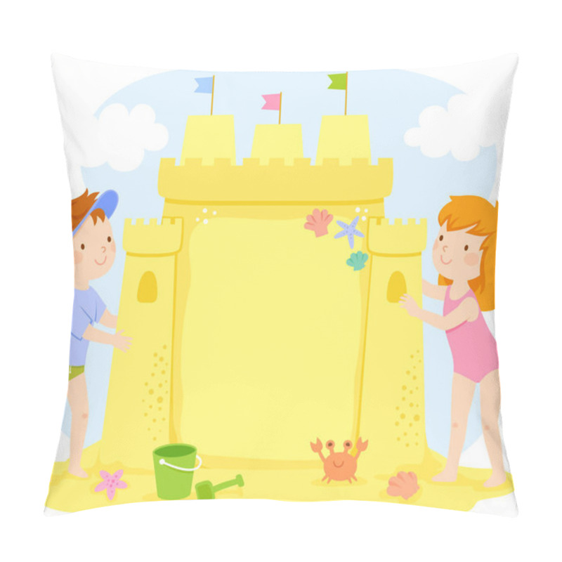 Personality  Kids Building A Sand Castle At The Beach. The Castle Contains Copy Space.  Pillow Covers