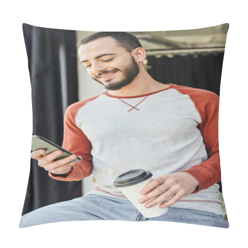 Personality  Charismatic Entrepreneur, Bearded And Stylish, Holding Coffee To Go In Paper Cup And Browsing Internet On Smartphone, Young And Career Oriented Businessman In Modern Office Pillow Covers