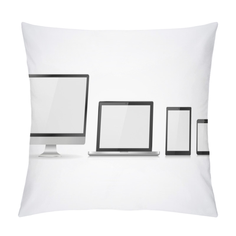 Personality  Set Of Realistic Computer Monitor, Laptop, Tablet And Mobile Phone With Empty White Screen. Various Modern Electronic Gadget Isolated On White Background. Vector Illustration Pillow Covers