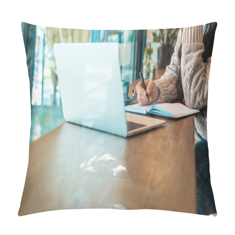 Personality  Cropped View Of Freelancer Working With Planner And Laptop In Cafe  Pillow Covers