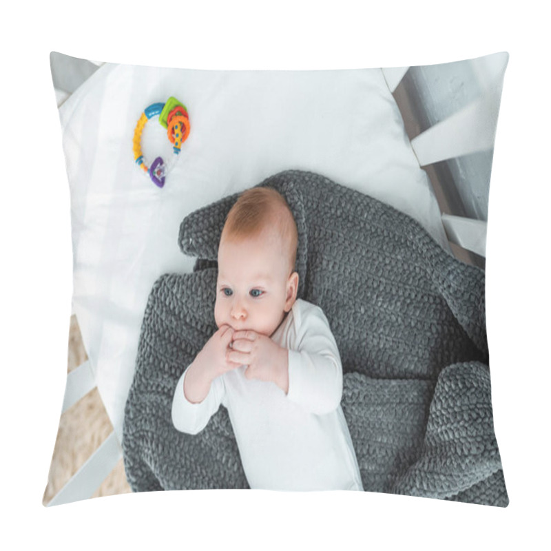 Personality  Top View Of Adorable Baby Boy Lying In Baby Cot On Blanket With Hands Near Mouth Pillow Covers