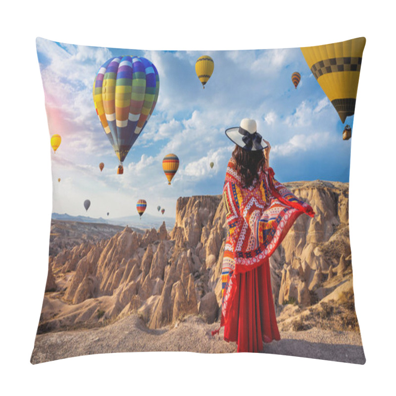 Personality  Beautiful Girl Standing And Looking To Hot Air Balloons In Cappadocia, Turkey. Pillow Covers