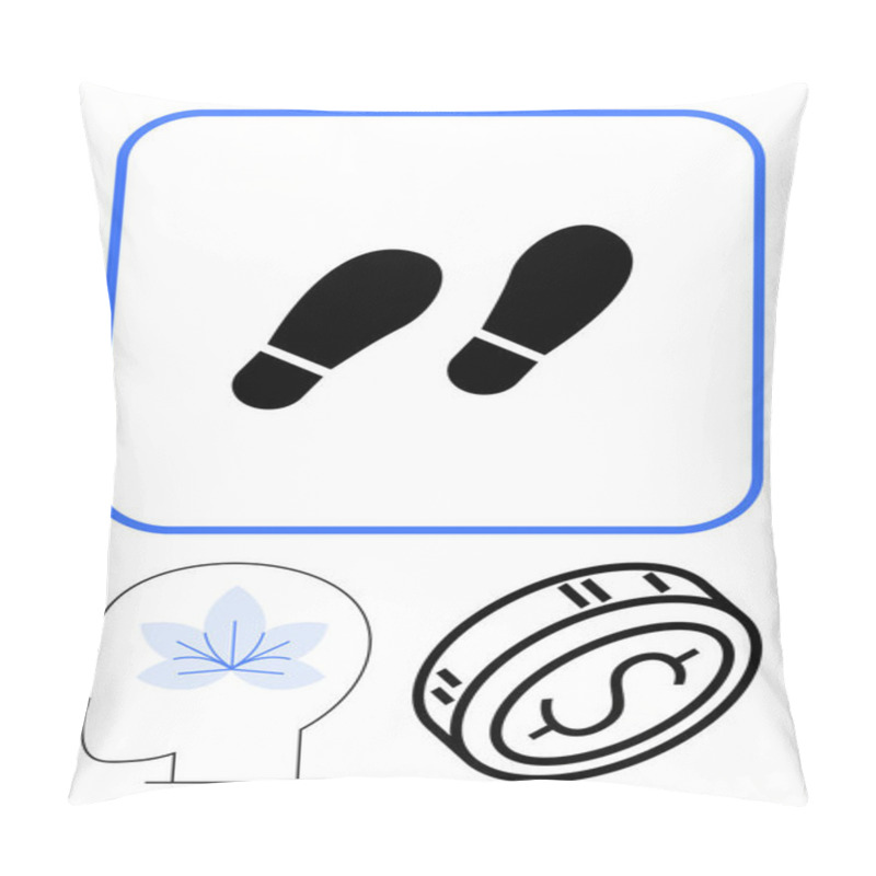 Personality  Footsteps Inside A Blue-bordered Square, Human Head Profile With A Blue Flower, And Coin With Dollar Sign. Ideal For Mindfulness, Finance, Mental Health, Self-improvement, Progress, Earnings Pillow Covers