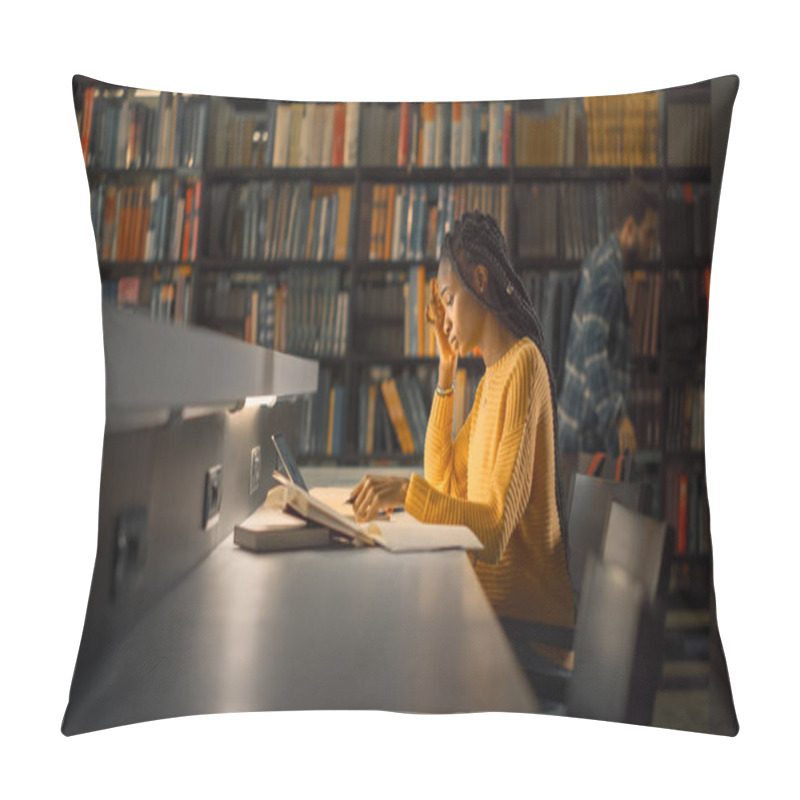 Personality  University Library: Gifted Black Girl Uses Laptop, Writes Notes For The Paper, Essay, Study For Class Assignment. Students Learning, Studying For Exams College. Side View Portrait With Bookshelves Pillow Covers