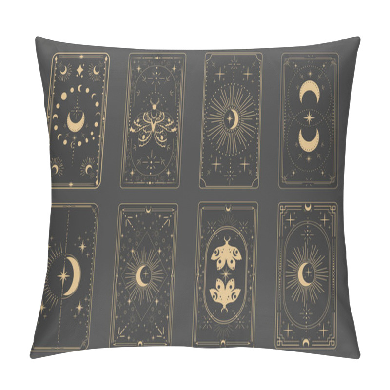 Personality  Tarot Reverce Border Magic Sacred Cover Card Frame Gold Line Border Celelstial Mystery Esoteric Decoration With Moth Stars And Moon On Dark Background. Vector Illustration Pillow Covers