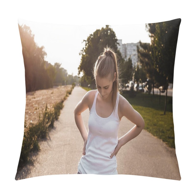 Personality  Girl Jogging On The Road. Pretty Young Woman Loss Weight And Doing Sport Exercise Outdoor. Pillow Covers