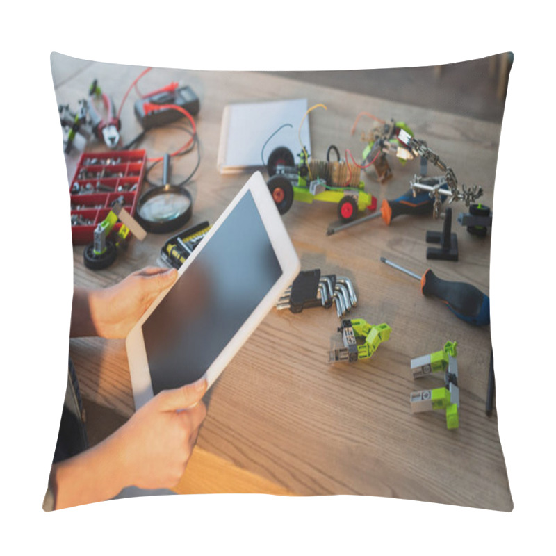 Personality  Partial View Of Kid Holding Digital Tablet With Blank Screen Near Tools And Mechanical Details On Table Pillow Covers