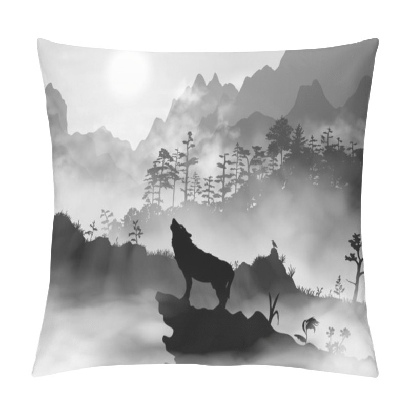 Personality  Silhouette Of The Wolf Howling At The Moon At Night In Front Of The Mountains Inside The Mist Clouds. Hight Detailed Realistic Black And White Vector Illustration. Pillow Covers