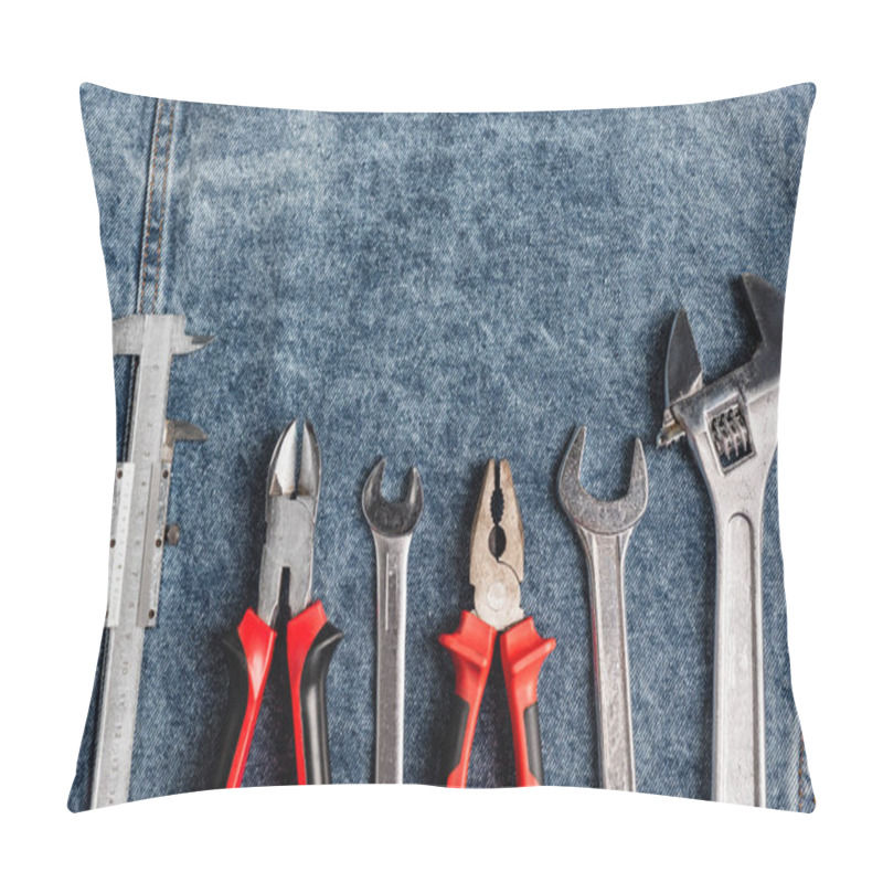 Personality  Top View Of Different Tools On Blue Denim Cloth, Labor Day Concept Pillow Covers