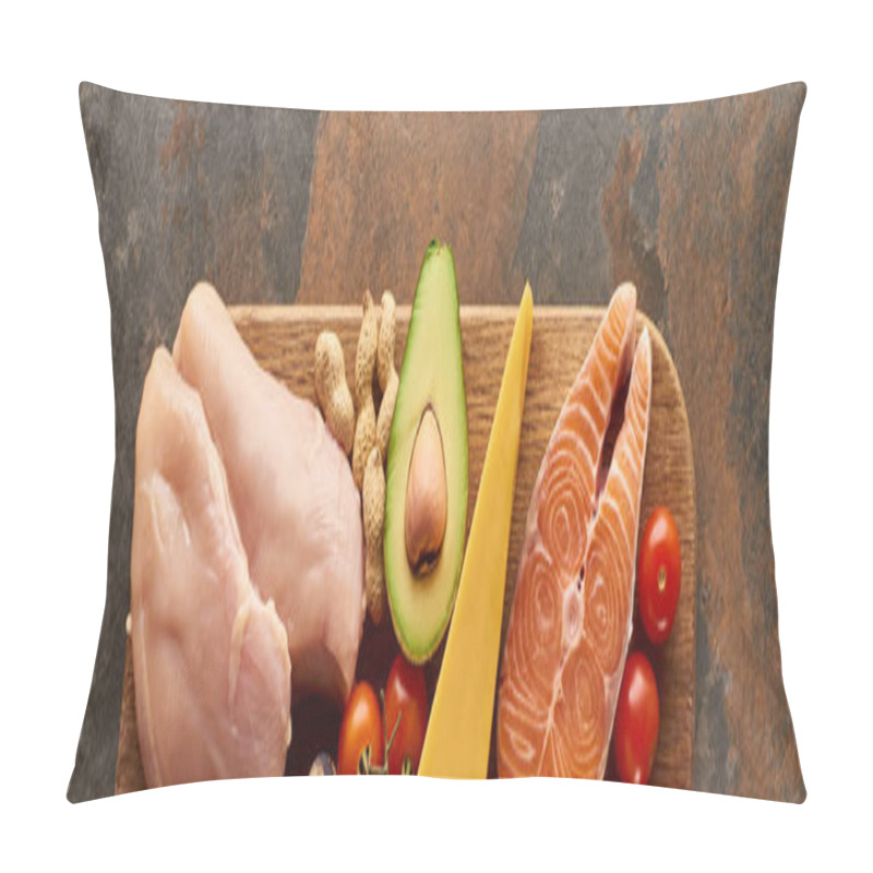 Personality  Panoramic Shot Of Raw Poultry Fillet And Salmon Steak With Vegetables, Quail Eggs And Peanuts On Wooden Cutting Board On Marble Surface Pillow Covers