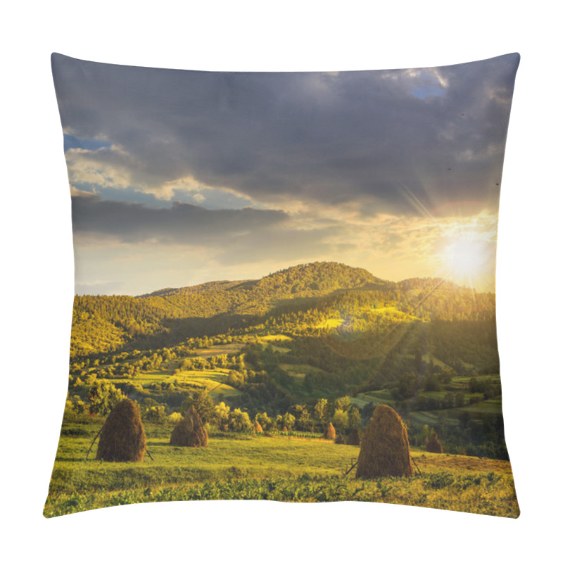 Personality  Field With Haystack On Hillside At Sunset Pillow Covers