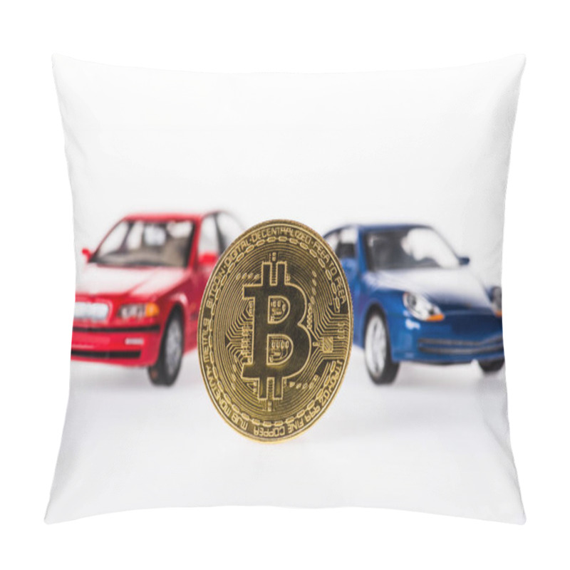 Personality  Close-up View Of Bitcoin And Car Models On White  Pillow Covers