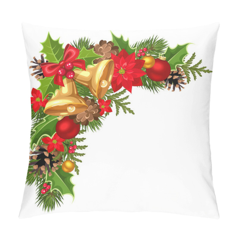 Personality  Christmas Decorative Corner With Fir-tree Branches, Balls, Bells, Holly, Poinsettia And Cones. Vector Illustration. Pillow Covers