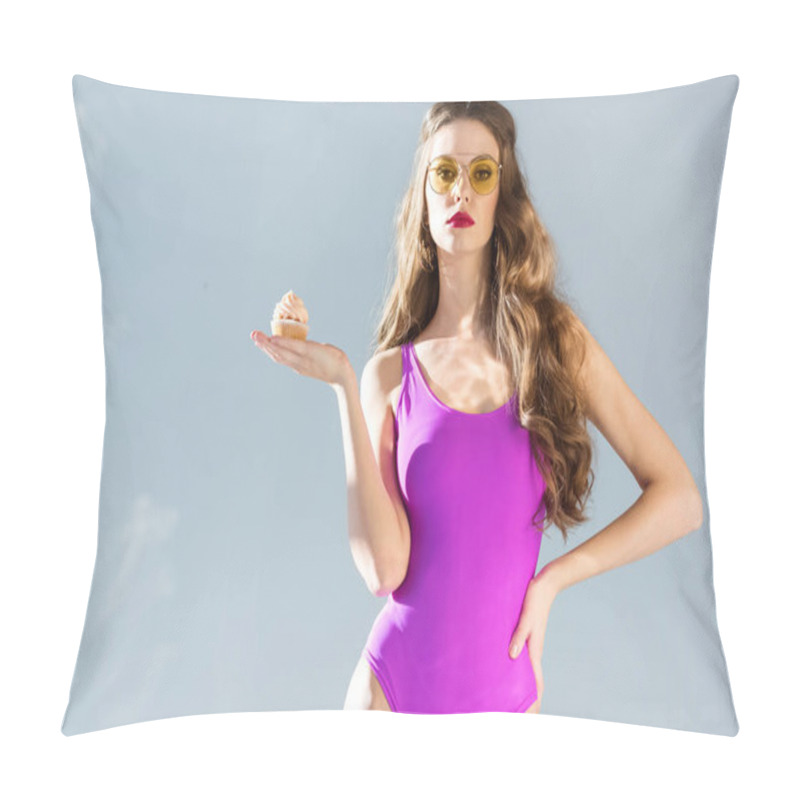 Personality  Sexy Girl In Swimsuit Holding Cupcake On Hand And Looking At Camera Isolated On Grey Pillow Covers