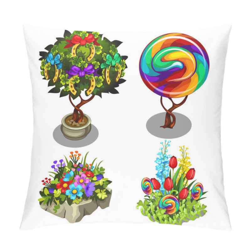 Personality  A Set Of Bright Ornate Plants And Flowers Isolated On White Background. Multicolored Topiary And Bonsai. Vector Illustration. Pillow Covers