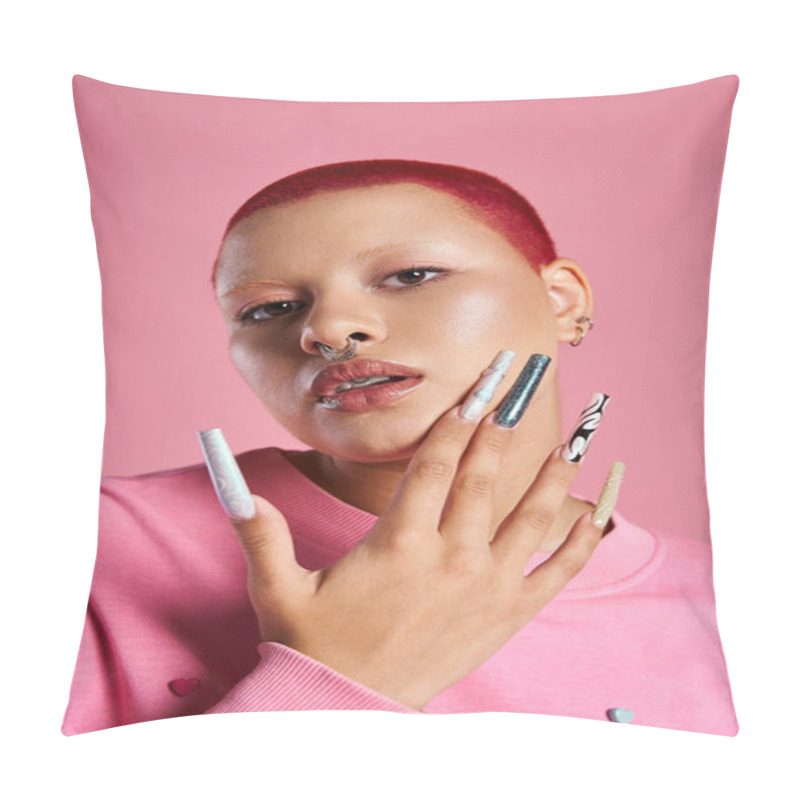 Personality  A Confident Young Woman With Striking Pink Hair And Distinct Nails Expresses Her Unique Style In A Studio. Pillow Covers