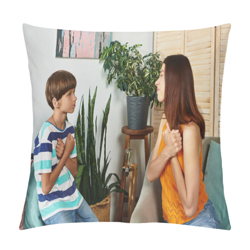 Personality  A Mother And Her Deaf Son Share A Heartfelt Conversation Through Gestures, Strengthening Their Bond. Pillow Covers