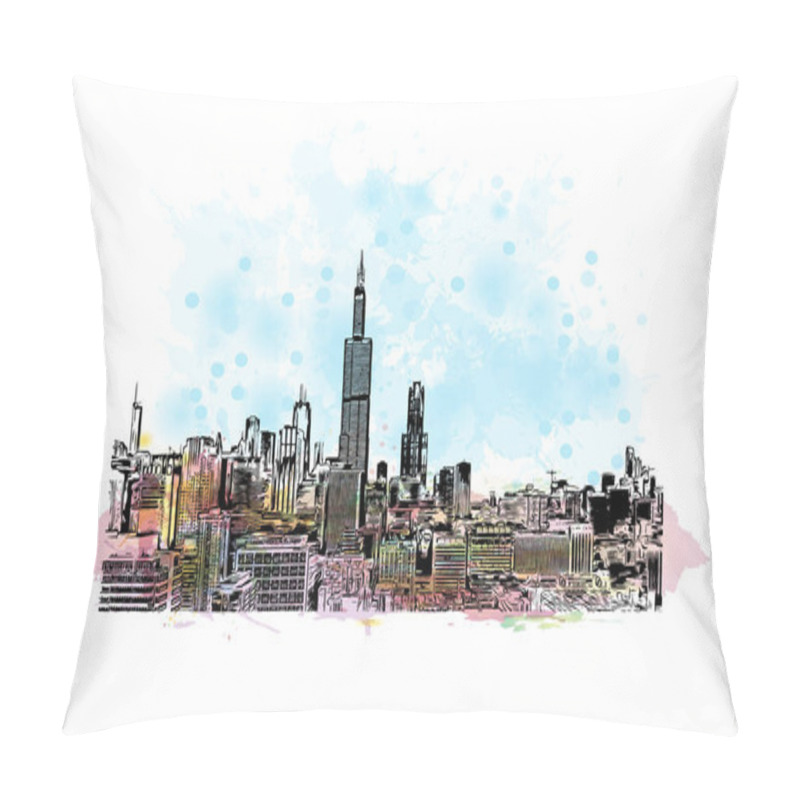 Personality  Print Building View With Landmark Of Chicago Is The Most Populous City In The U.S. State Of Illinois. Watercolour Splash With Hand Drawn Sketch Illustration In Vector. Pillow Covers