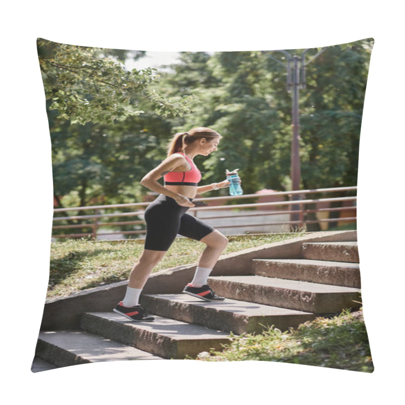 Personality  A Young Sportswoman With Vitiligo Walks Up A Set Of Stairs In A Park While Holding A Water Bottle. Pillow Covers