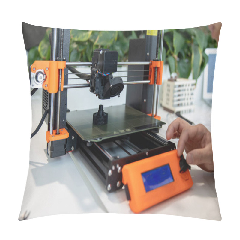 Personality  Closeup Of Man Checking 3d Printer, Process Of Making Things On 3d Printer In Laboratory. Pillow Covers