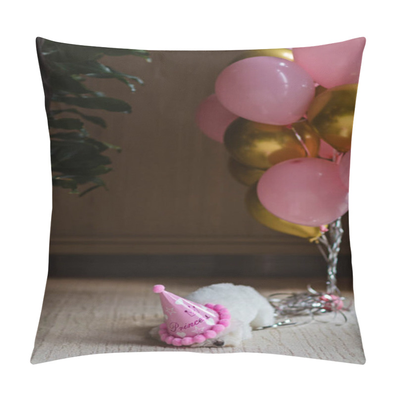 Personality  Cute White Bichon Frise Dog Celebrating Birthday At Home. Domestic Pet Party With Hot Air Balloons Pink And Gold Color Pillow Covers