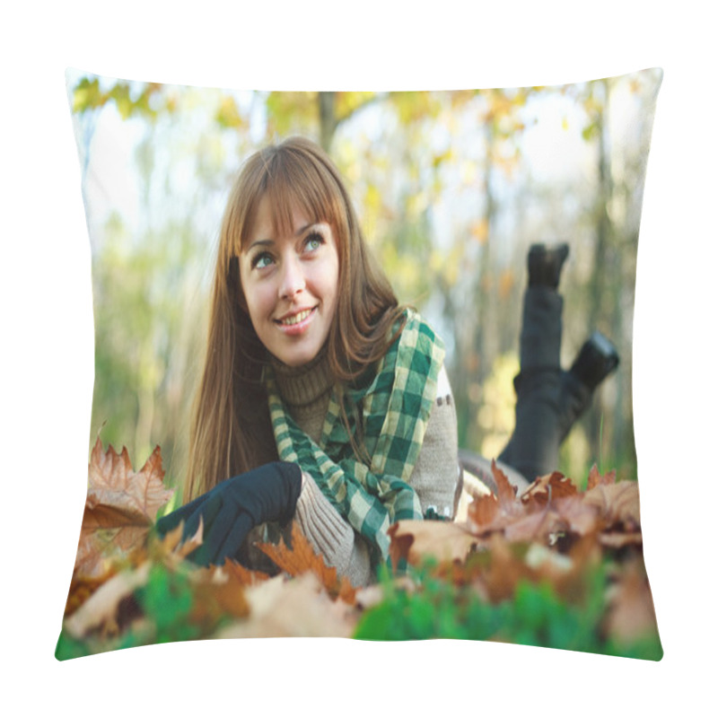 Personality  Smiling Girl Lying On Yellow Leaves Outdoors In Autumn Park Pillow Covers