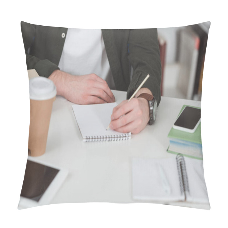 Personality  Cropped Image Of Student Making Notes In Library Pillow Covers