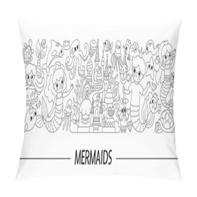 Personality  Vector Black And White Horizontal Mermaids Set. Underwater Line Kingdom Card Template, Coloring Page With Ocean Princess, Prince. Marine Fairytale Characters For Kids. Cute Water Border With Siren Pillow Covers