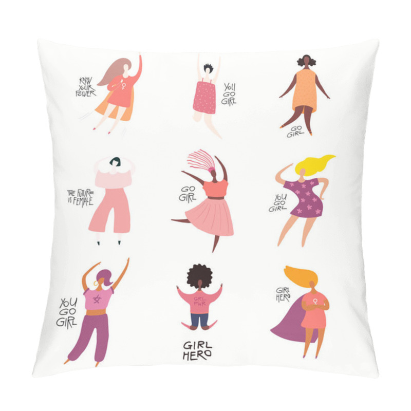 Personality  Set Of Diverse Women With Quotes About Girl Power, Hand Drawn Vector Illustration, Concept For Feminism And Women Day  Pillow Covers