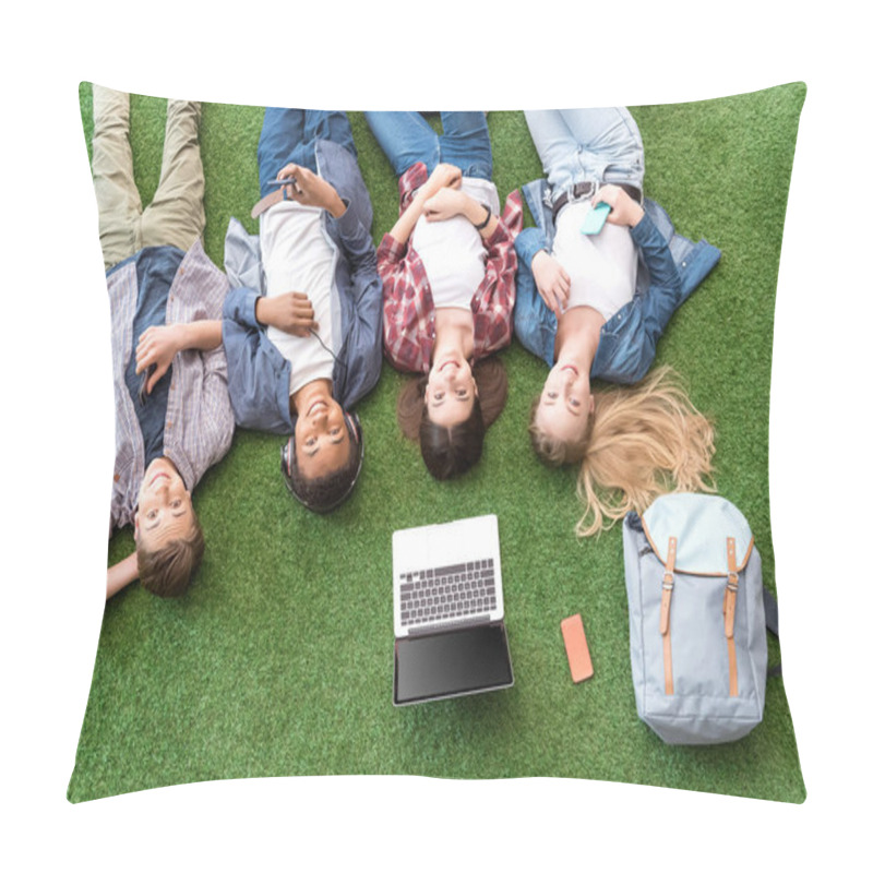 Personality  Multiethnic Teenagers Resting On Green Lawn Pillow Covers