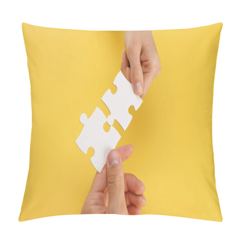 Personality  Cropped View Of Woman And Man Matching Pieces Of White Puzzle On Yellow Background Pillow Covers