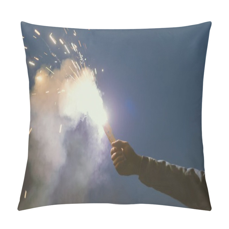 Personality  Cropped View Of Male Hand With Smoke Bomb With Sparks At Night Pillow Covers