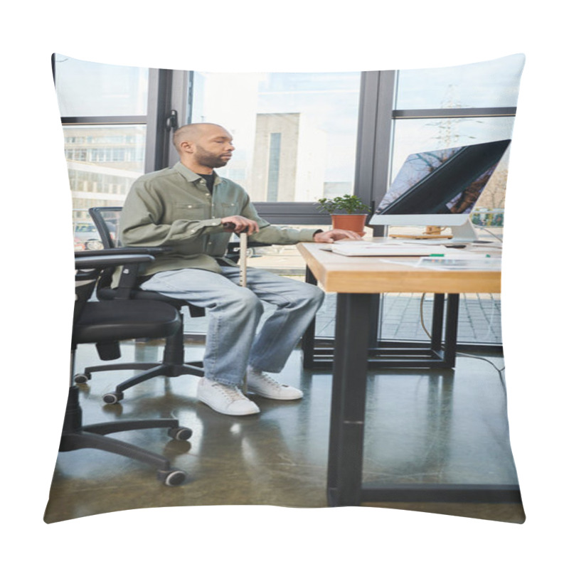 Personality  Disabled African American Man With Myasthenia Gravis In Corporate Attire Sits Focused At A Desk, Typing On A Computer Screen Among Office Supplies. Pillow Covers